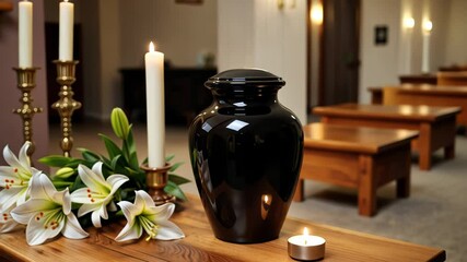 Memorial setting with black urn, candles, and white lilies  