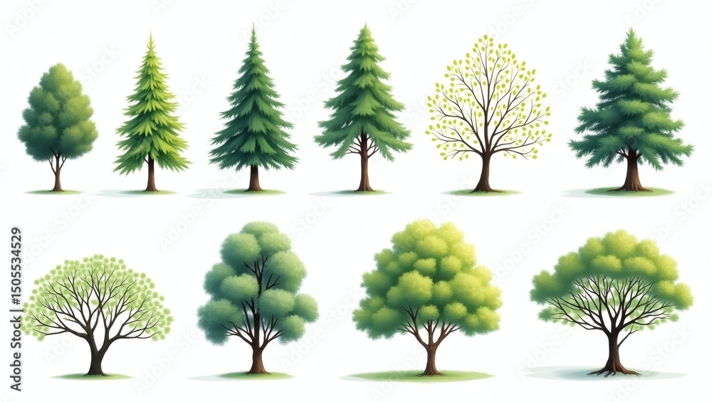 Poster a diverse collection of stylized trees of different species and shapes. This assortment of trees showcases a variety of botanical forms and vibrant colors