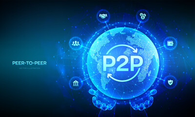 Peer to peer. P2P payment and online model for support or transfer money. Peer-To-Peer technology concept. World map point line composition. Earth planet globe in wireframe hands. Vector illustration.