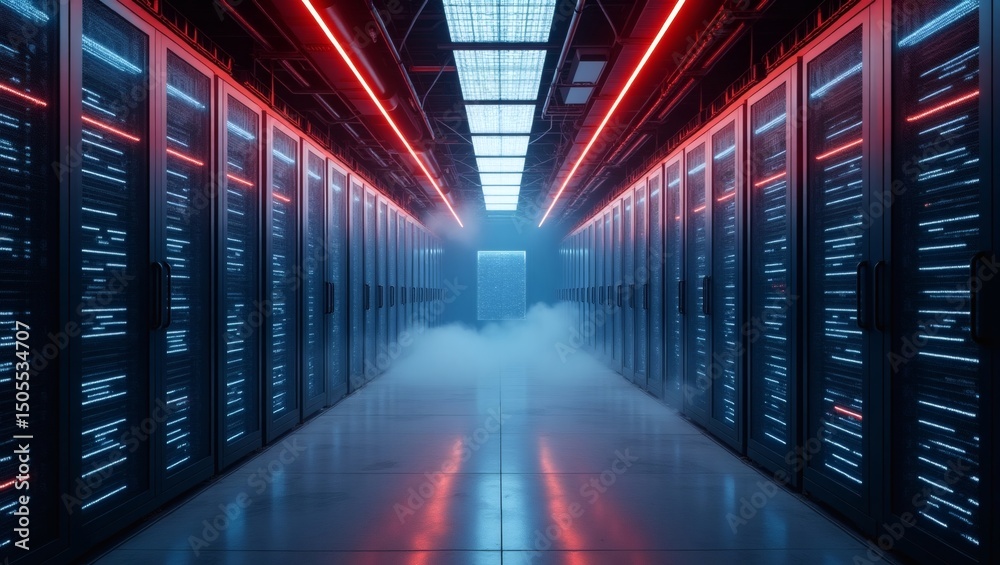 Poster a futuristic data center hallway filled with servers and futuristic neon lights, showcasing cutting-