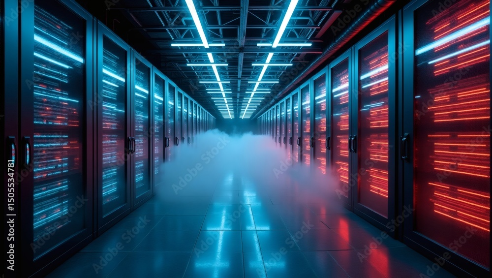 Poster data center with illuminated server racks, digital infrastructure, and a futuristic aesthetic
