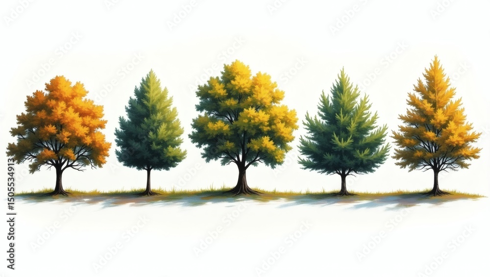 Poster a row of colorful trees in an autumn landscape. each tree displays vibrant hues of yellow, gold, and