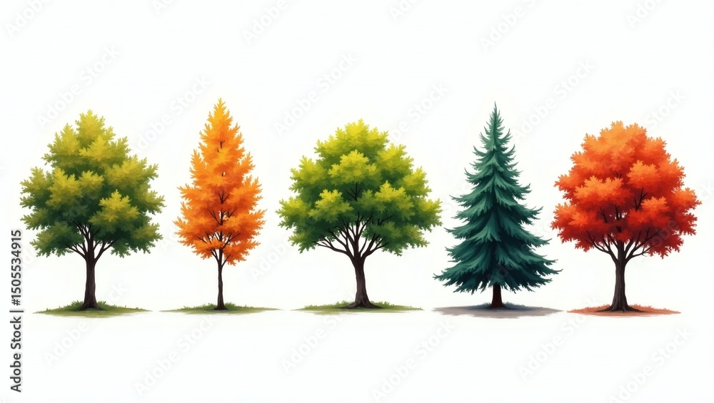 Poster an eye-level shot featuring a row of five different trees, showcasing their diverse foliage and forms