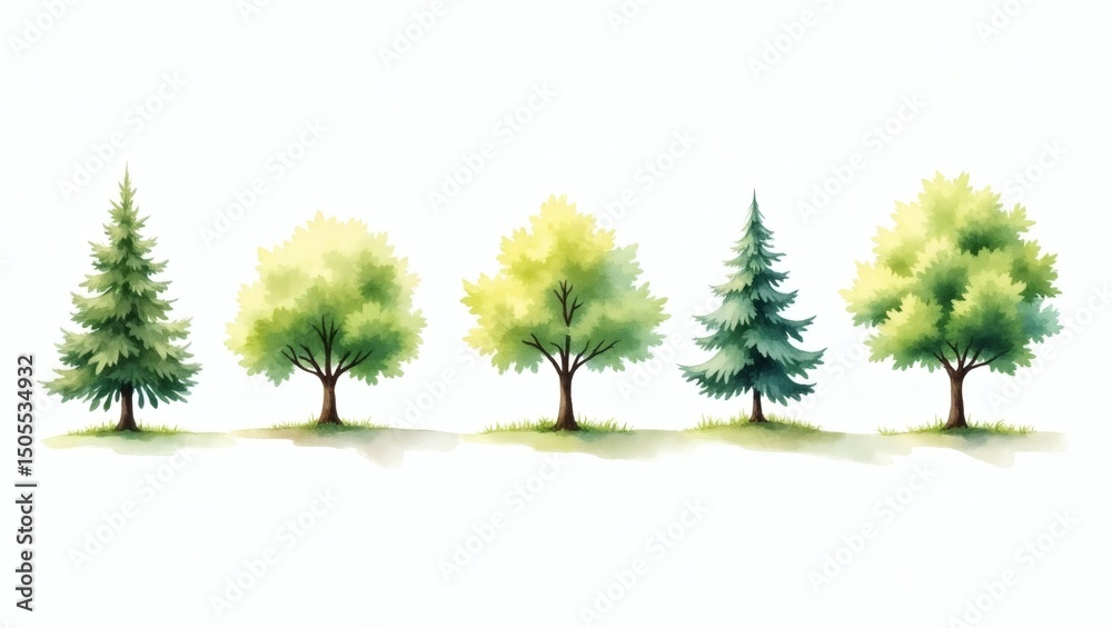 Poster Watercolor painting of five different trees in a row, each with its own unique shape and greenery, showcasing the beauty of nature