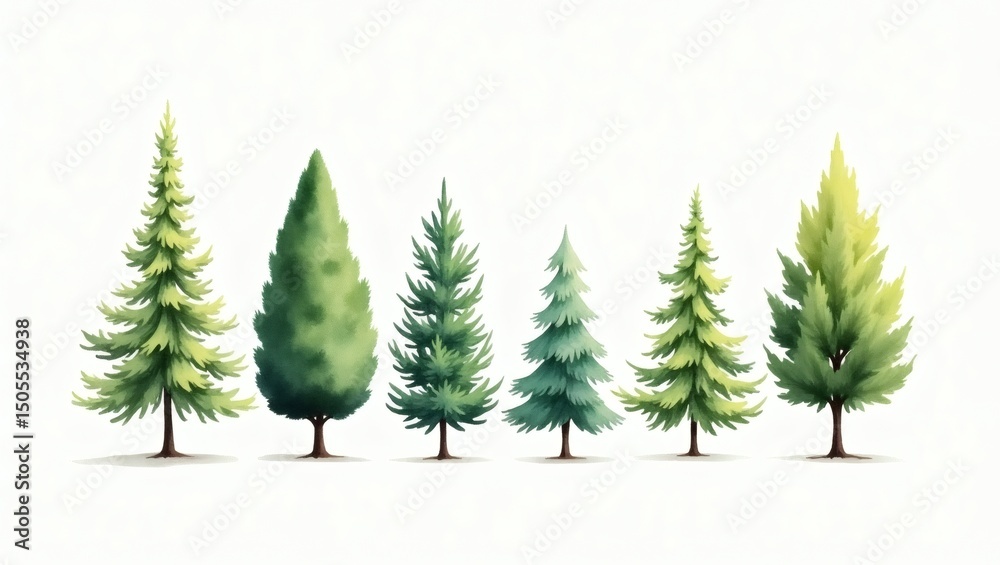 Poster Watercolor of evergreen trees in a row. A collection of illustrated trees, each with unique shape, style, and detail. The trees showcase variation in foliage and structure.