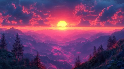 Naklejka premium Colorful sunset over mountain landscape