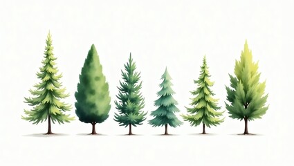 Obraz premium Watercolor of evergreen trees in a row. A collection of illustrated trees, each with unique shape, style, and detail. The trees showcase variation in foliage and structure.