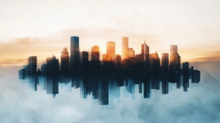 Fototapeta premium A modern city skyline reflected upside down in misty clouds at sunrise.