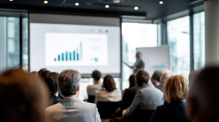 Fototapeta premium Audience Attending Business Conference Presentation With Bar Graph on Screen, Illustrating Corporate Training and Professional Development Opportunity : Generative AI