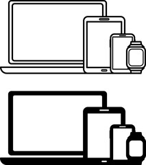 Device Icons. Black and White Vector Illustration. Laptop, Tablet, Mobile Phone, and Smart Watch. Gadgets. Technology and Innovation Concept