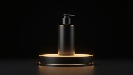 a sleek black bottle stands on a softly lit round pedestal against a black backdrop. The scene suggests luxury and sophistication