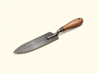 Fototapeta premium Garden trowel with wooden handle on beige background, great for gardening or tool-themed visuals. Generative AI