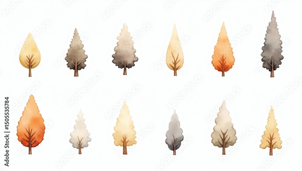 Poster a collection of watercolor trees in autumnal hues, perfect for adding a touch of natural beauty to y