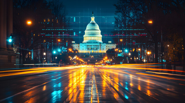 US Capitol Building with market index chart overlay and motion light streaks at night