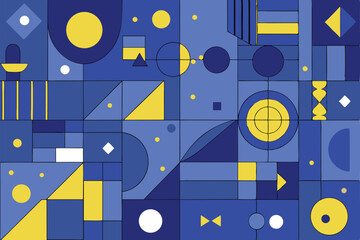Abstract geometric composition of shapes in blue and yellow colors for designs