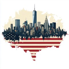 cartoon american flag with shadow of the of new york city in it with a white background 