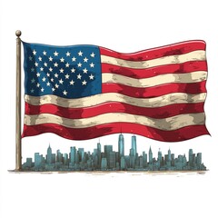 cartoon american flag with shadow of the of new york city in it with a white background 