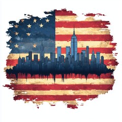 cartoon american flag with shadow of the of new york city in it with a white background 