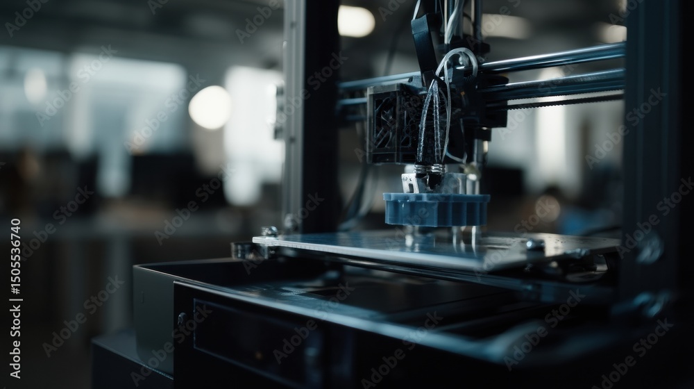 Poster 3d printer creating blue object in modern office, showcasing technological innovation and manufactur