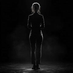 a white silhouette of a female project manager or leader with a black background 