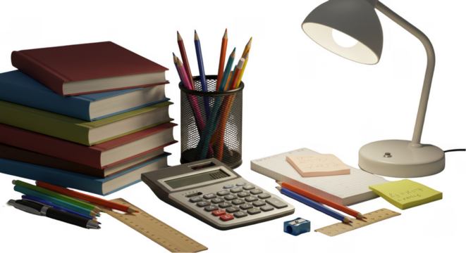 Desk Lamp Books Pencils Calculator Study Still Life PNG Transparent