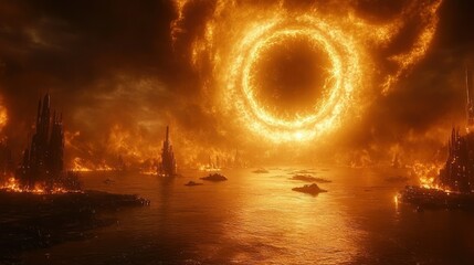 Fiery ring of fire in sky landscape