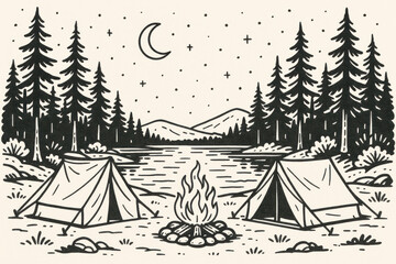 Two camping tents are set up near a serene lake under a starry night sky, with a glowing campfire in the foreground and tall trees surrounding the peaceful scene
