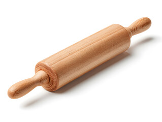A simple, smooth wooden rolling pin with handles on a clean white background
