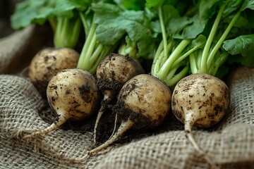 Natural raw turnips in rustic basket high resolution picture