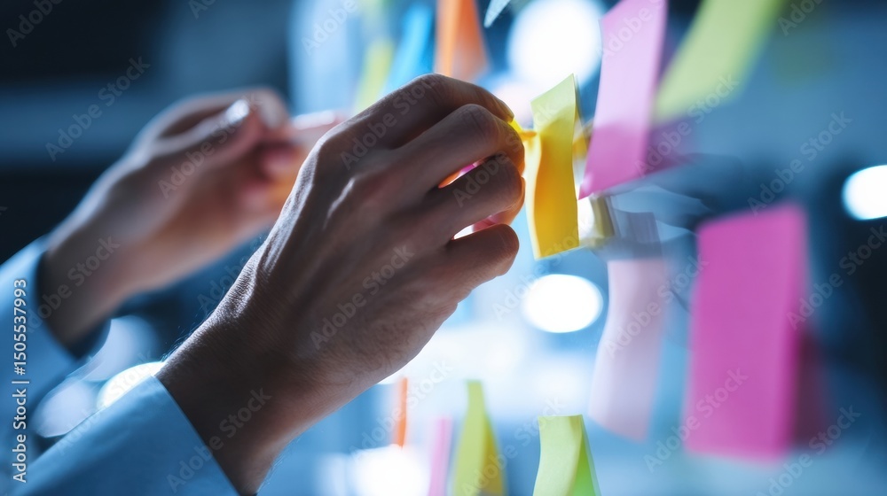 Poster Hands Placing Sticky Notes on Glass Wall, Illustrating Brainstorming and Creative Problem Solving for Business Strategy and Project Management : Generative AI