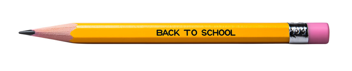 Yellow wooden pencil with sharp tip and pink eraser lying flat on transparent background with back to school text printed on the side