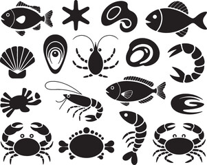 Seafood icons black and white illustration set