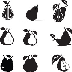 A set features various depictions of pears, including whole pears, sliced pears, and pears with leaves.