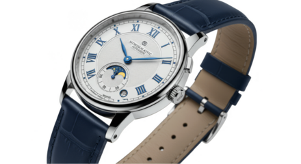 Elegant Silver Watch With Blue Leather Strap Isolated on Transparent Background