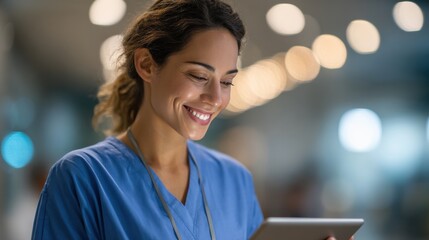 A woman in a blue scrubs is smiling and looking at a tablet