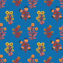 Seamless vector pattern with bright abstract flowers on a vibrant blue background. Eye-catching floral design perfect for fabric, wrapping paper, wallpaper, and bold modern decor projects.