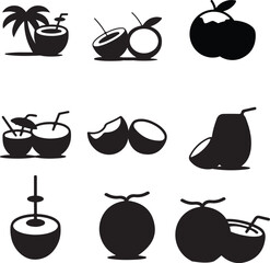 a set of nine simple, black and white coconut illustrations, varying from whole coconuts to cracked ones, and some with drinking straws.