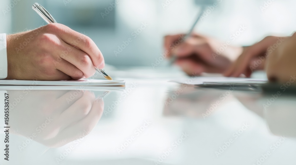 Poster hands writing on paper at a bright table, depicting collaboration and teamwork in a corporate enviro