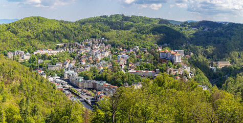 Panoramic view of Karlovy Vary (Czech Republic) from view point Diana Tower