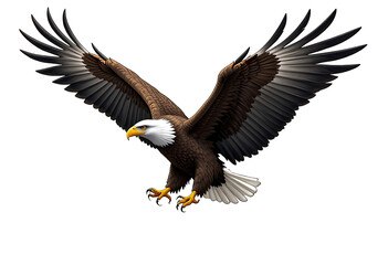 Fototapeta premium A highly detailed, realistic illustration of a Bald Eagle flying mid-air with open wings, feathers spread wide, dynamic and elegant pose, high resolution, isolated on a transparent background.
