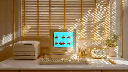 Vintage Computer Desk in Golden Sunlight With CRT Monitor, Printer, and Rotary Phone - Powered by Adobe