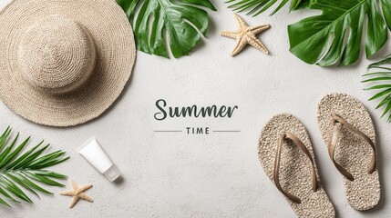 A beach scene with a hat, sunscreen, and a pair of flip flops