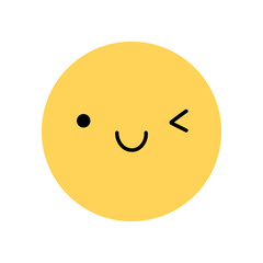 Cute yellow smile icon with happy facial expression. Winking character with cheerful, playful mood isolated on a white background. Vector flat illustration. Perfect for social media, stickers.