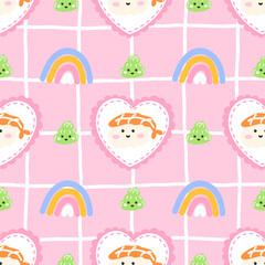 Seamless pattern with kawaii sushi rolls, maki, and rice in a cute Japanese style. Perfect vector design for fabric, wrapping paper, and kitchen decor