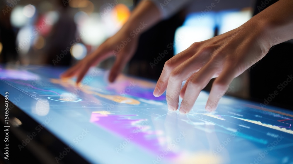 Poster hands interacting with digital touchscreen displaying data analytics, representing innovation and te