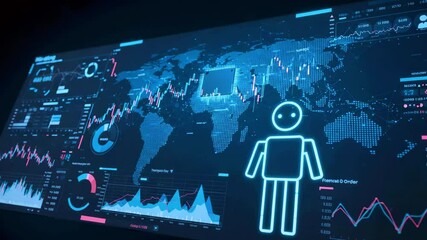 Futuristic digital dashboard displaying global data analytics with graphs and a human figure icon - Powered by Adobe