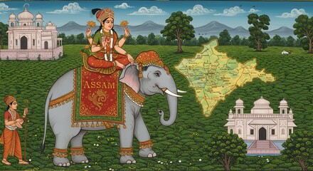 Assam Landscape with Elephant Goddess and Indian Map Illustration