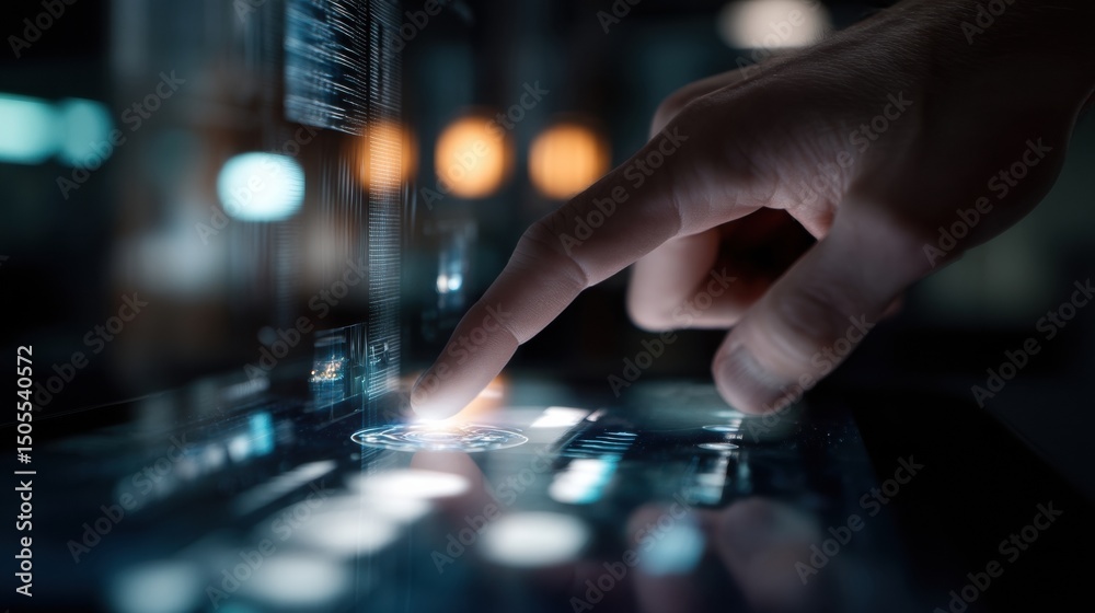 Leinwandbilder Finger Touching Screen With Data Interface, Representing Digital Transformation and Technological Innovation in Business and Global Connectivity : Generative AI