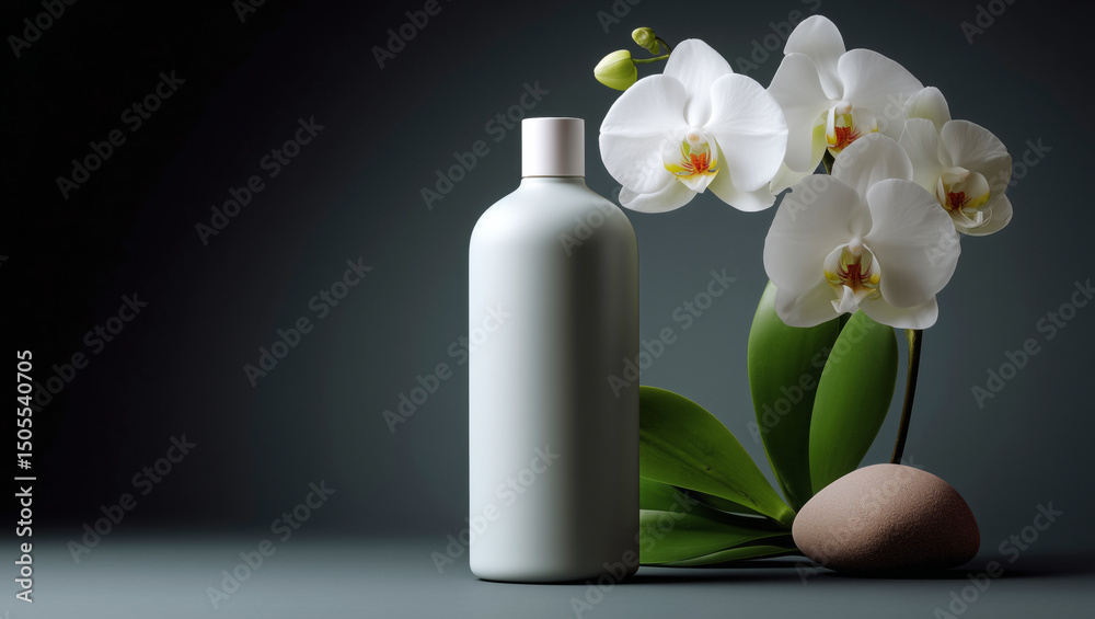 Leinwandbilder a simple and elegant cosmetic bottle stands on a geometric podium. it is accompanied by delicate orc