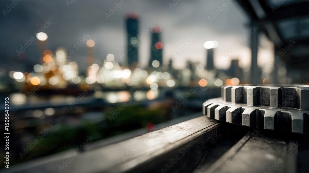 Poster close-up of gear with cityscape in background, symbolizing industrial progress and engineering innov